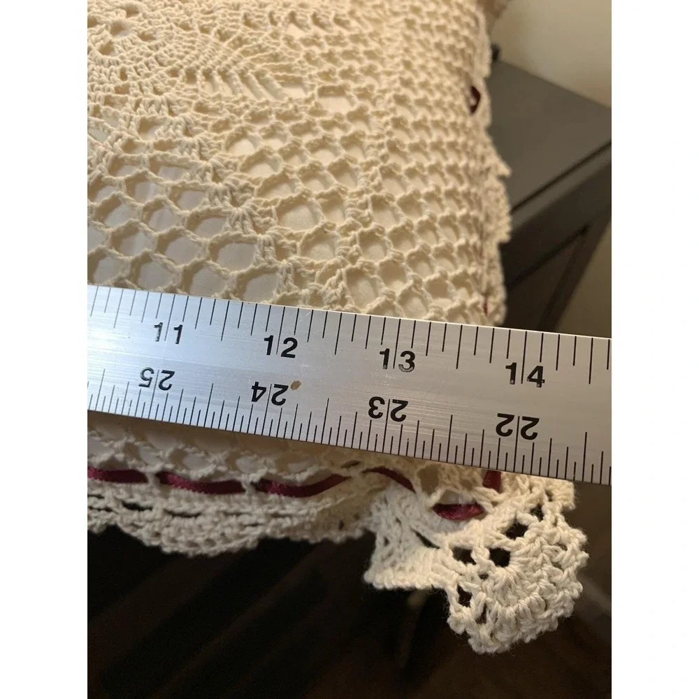 Vintage Crochet Lace Throw Pillow Cream Burgundy Ribbon Rosebuds Square 13x13